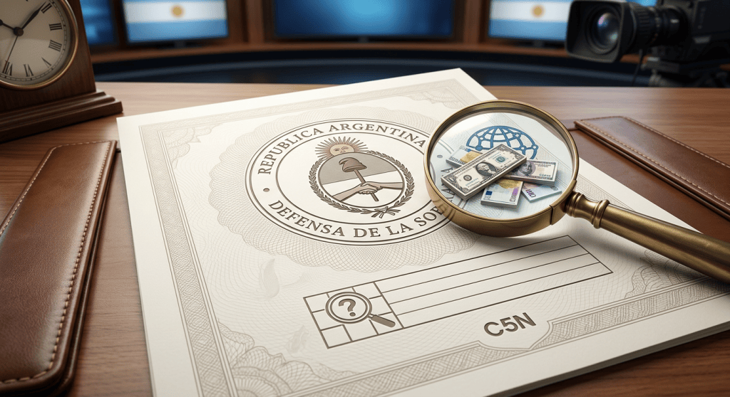 Suited presenter reviewing documents beside currency and legal symbols